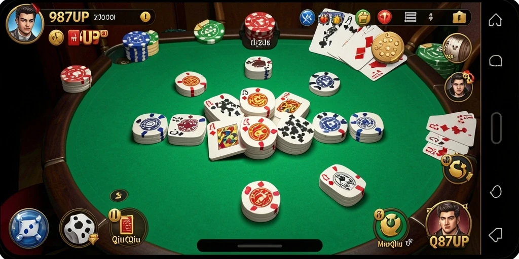 Tampilan gameplay seru dalam 987UP dengan kartu QiuQiu.