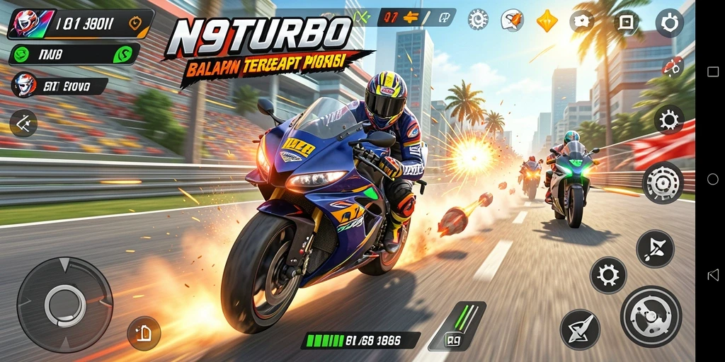 Gameplay seru N9TURBO dengan balapan motor yang mendebarkan.