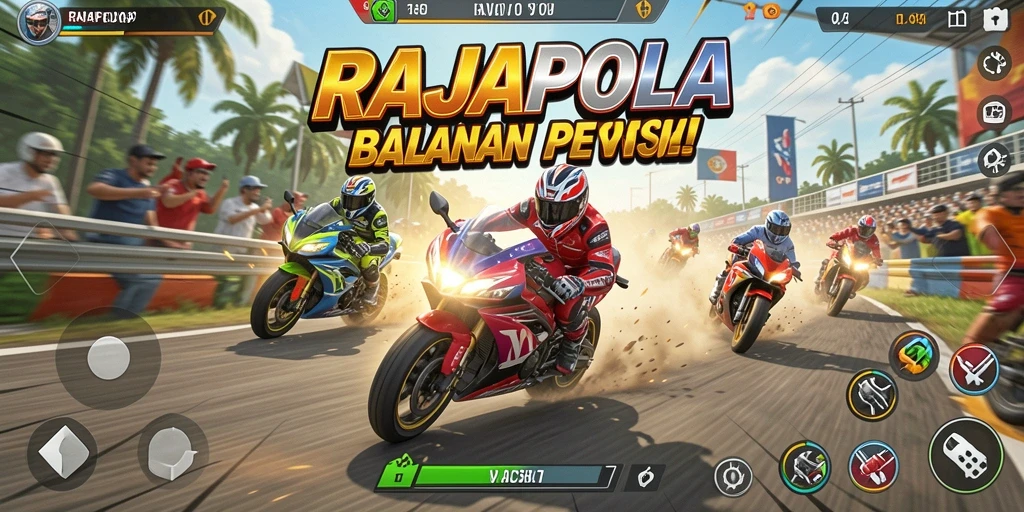 Screenshot RAJAPOLA menampilkan aksi balapan motor yang mendebarkan.